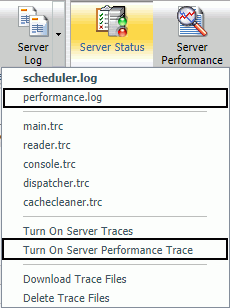 Performance log and Turn On Server Performance Trace option in the ReportCaster Console