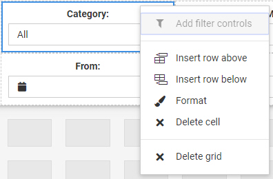 Right-click shortcut menu options for a filter cell