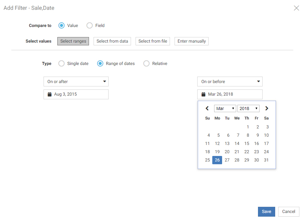 Add Filter dialog box for a date field