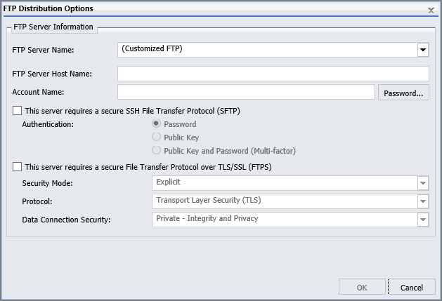 The FTP Distribution dialog box with the default configuration of (Customized FTP) in the FTP Server Name field.