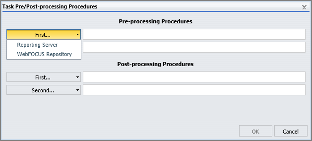 The Task Pre/Post-processing Procedures dialog box with the First field list expanded to show the Reporting Server and WebFOCUS Repository options.